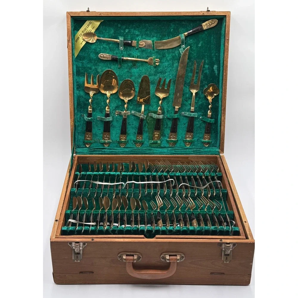 MID-CENTURY THAILAND BRONZE SIAM FLATWARE SILVERWARE SET 140+ PC BOX